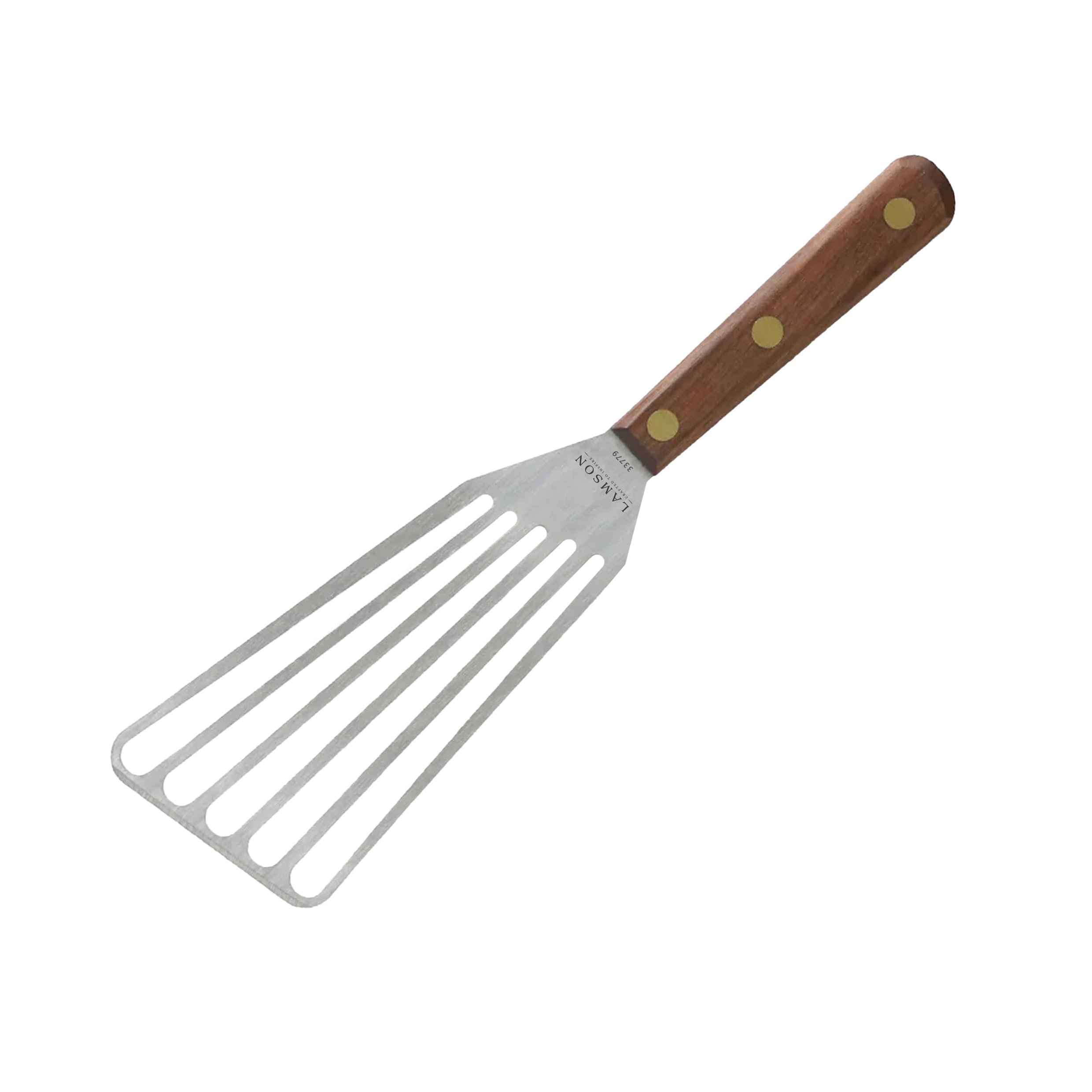 Lamson jumbo slotted turner front view showing full blade and walnut handle for confident large lifts