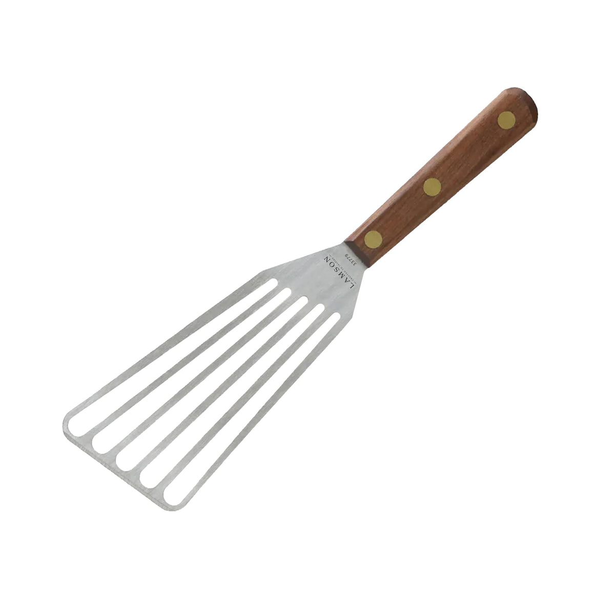 Lamson jumbo slotted turner front view showing full blade and walnut handle for confident large lifts