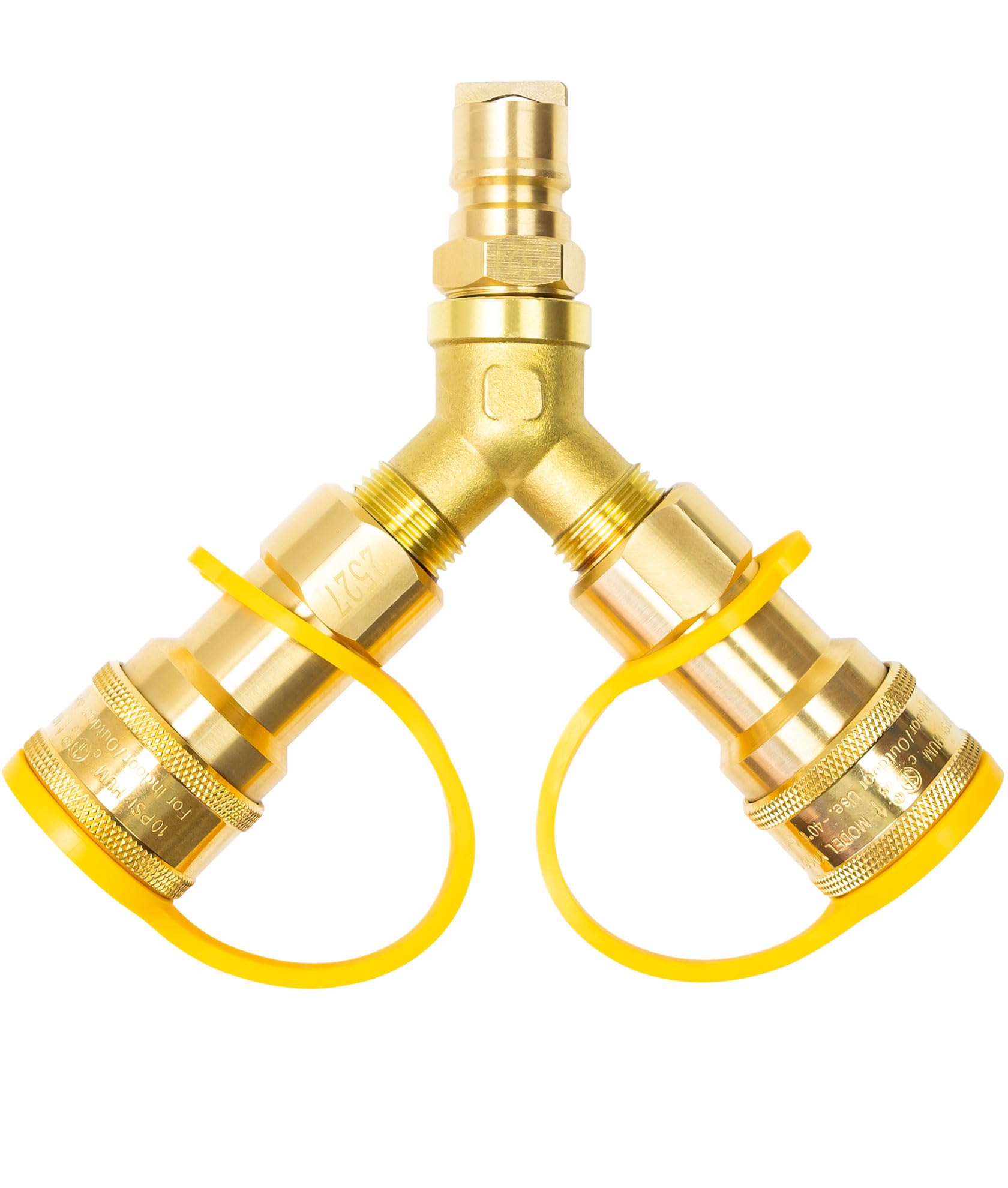 LAMUDO Y splitter front view showing brass body and dual outlets for reliable splitting