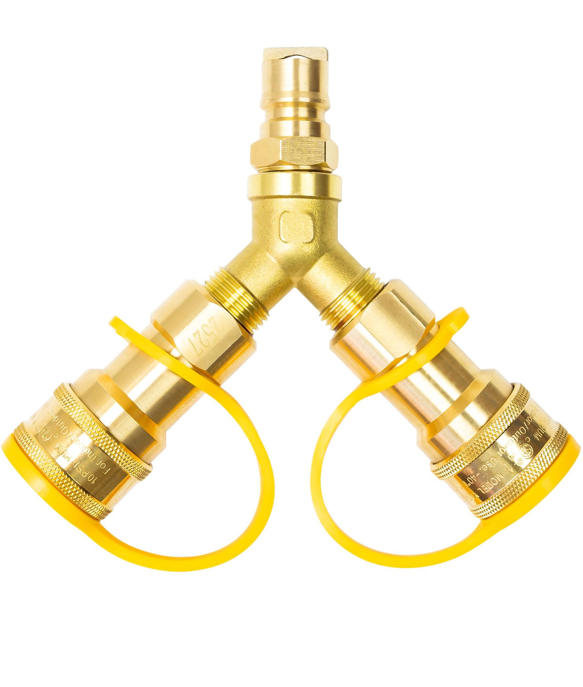 LAMUDO Y splitter front view showing brass body and dual outlets for reliable splitting