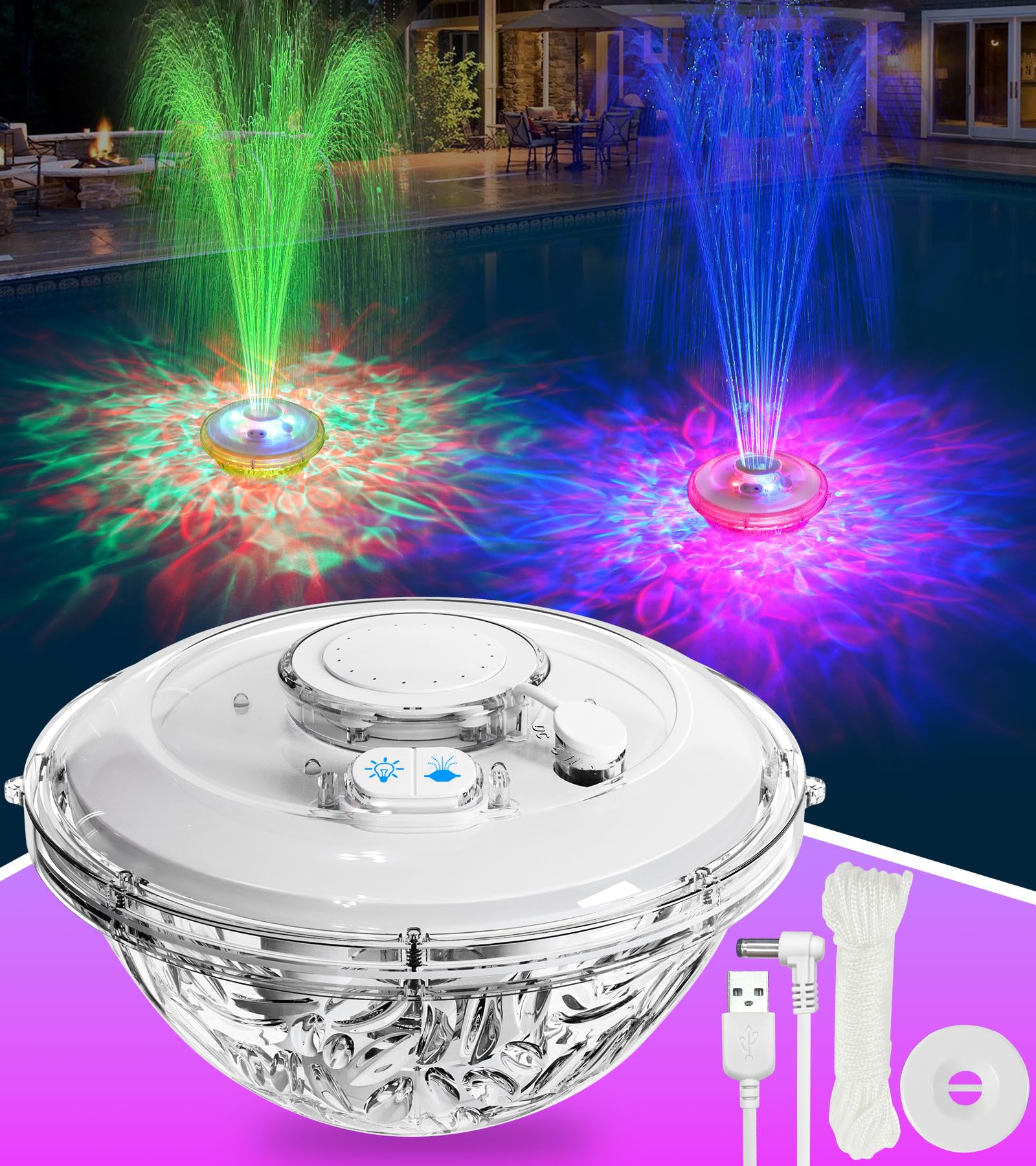 LanAqua front view with lights creating vibrant pool ambiance