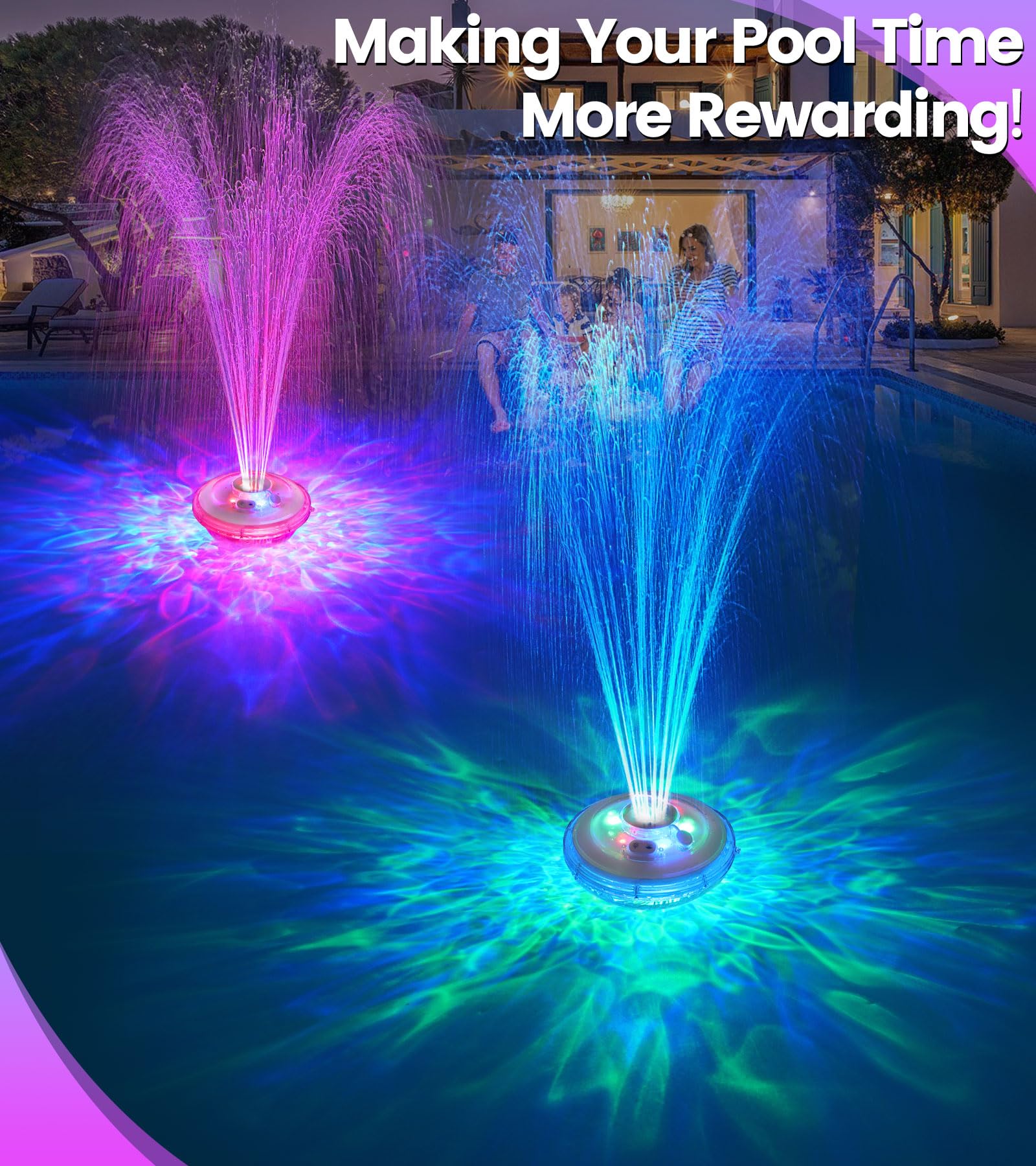 LanAqua fountain floating in pool at dusk enhancing gatherings