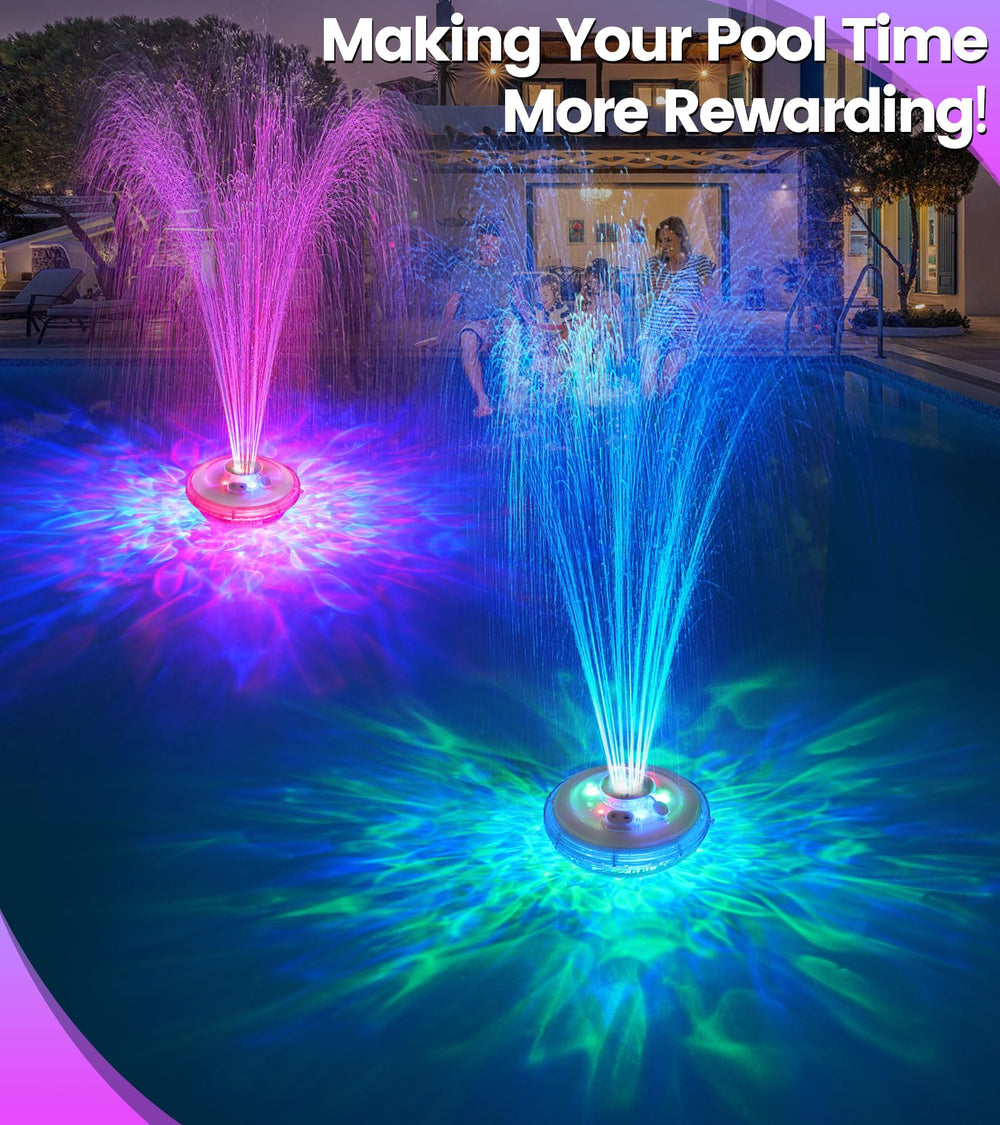 LanAqua fountain floating in pool at dusk enhancing gatherings