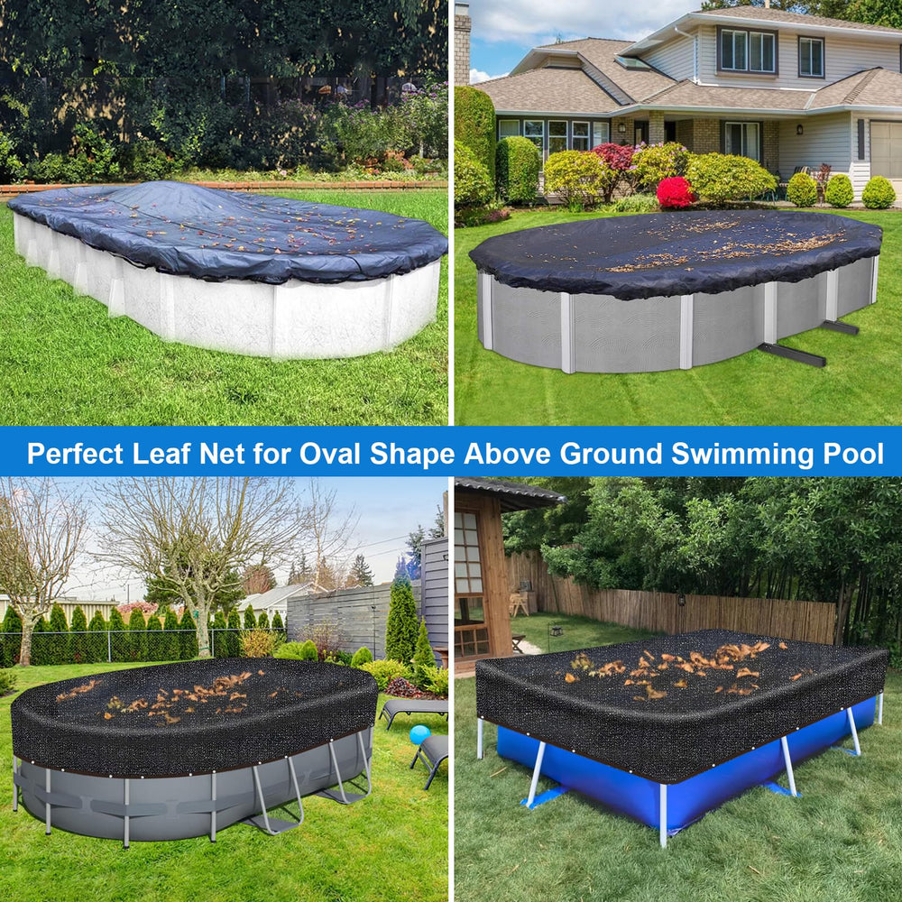 Lanathel net draped over oval pool showing 4-foot overlap and better coverage benefit