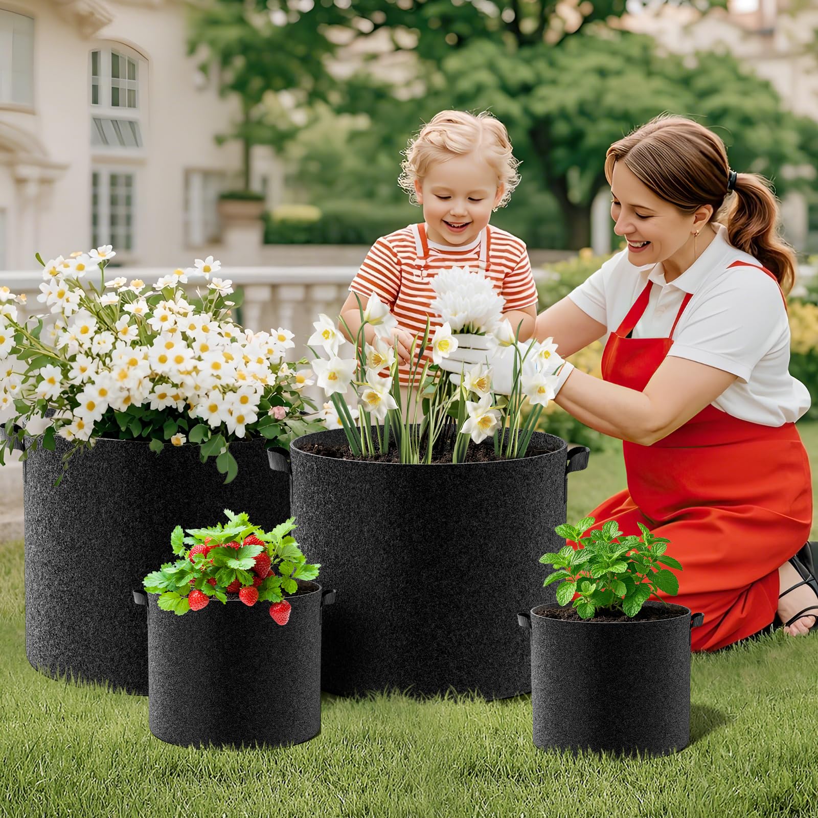 Land Guard grow bags arranged on a balcony demonstrating space-saving container gardening