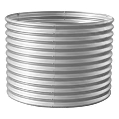 Land Guard front view of assembled 4x4x3ft galvanized raised garden bed showing sturdy silver finish and size benefit