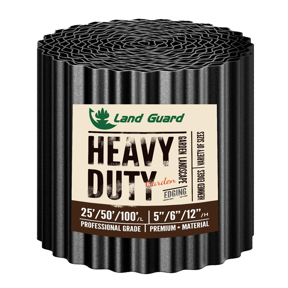 Land Guard front view showing full 25-foot black edging and neat packaged length
