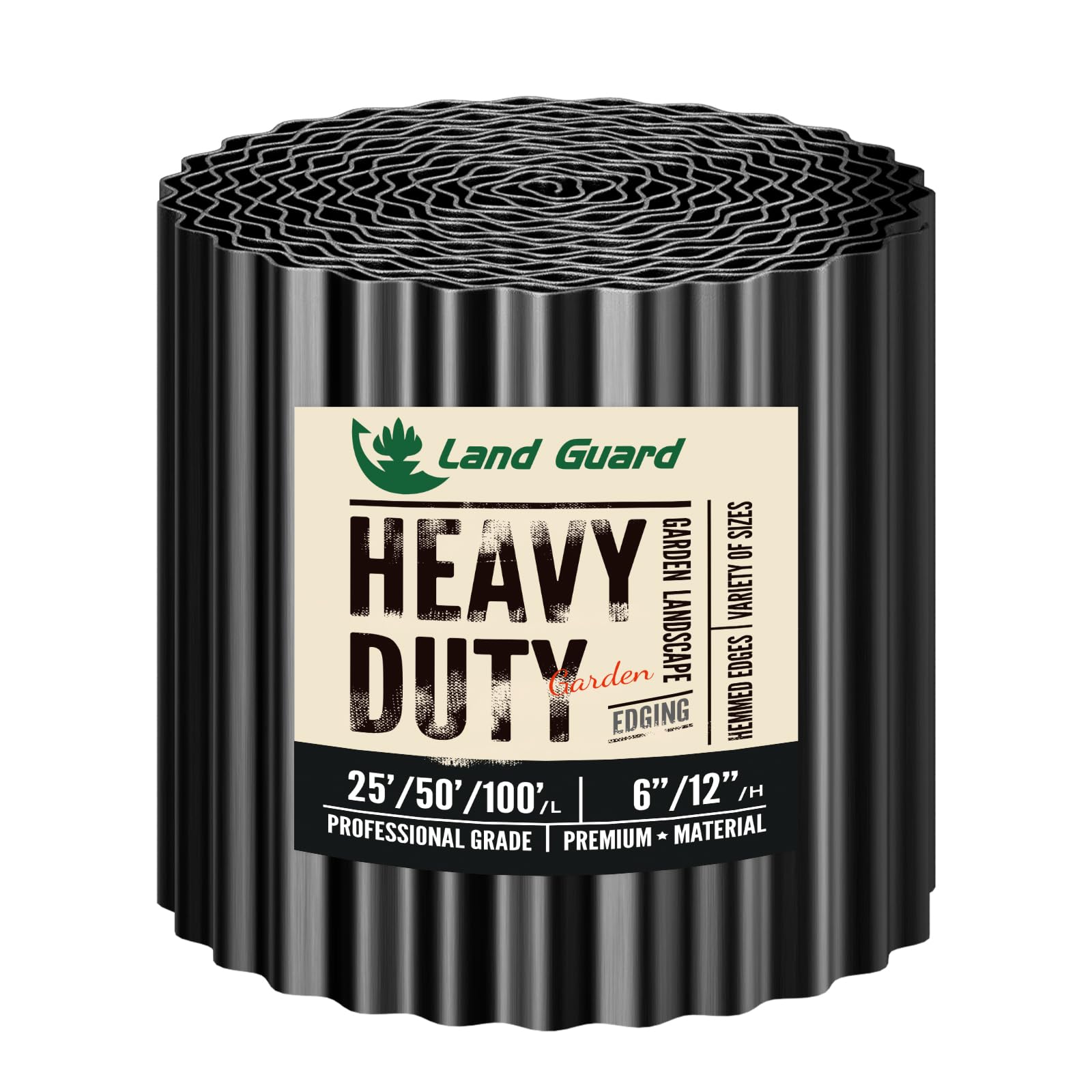 Land Guard front view of glossy black 12x25' roll showcasing neat garden edge