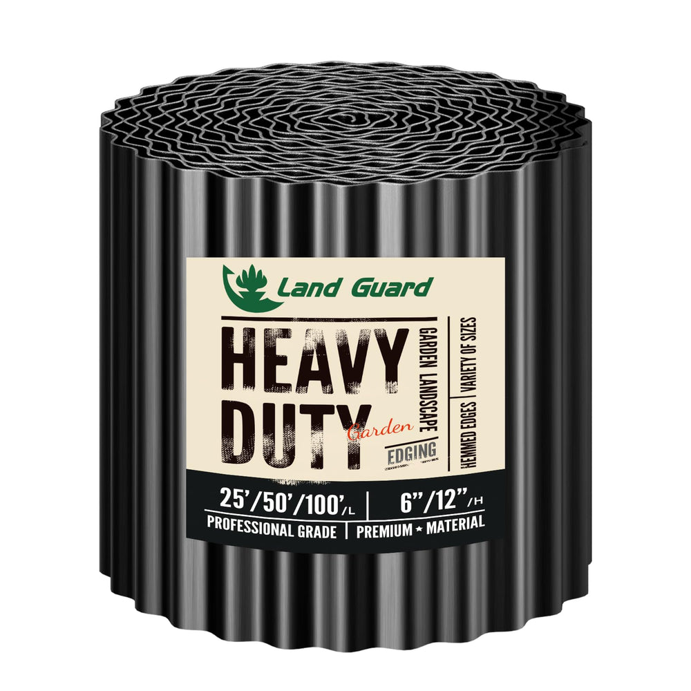 Land Guard front view of glossy black 12x25' roll showcasing neat garden edge