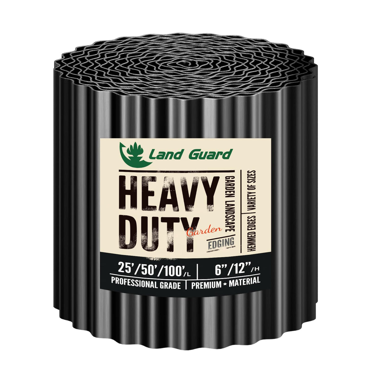 Land Guard front view of glossy black 12x25' roll showcasing neat garden edge