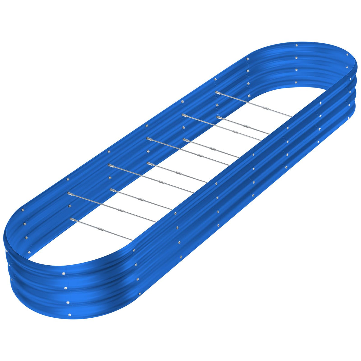Land Guard front view of oval galvanized raised bed showing stable planter benefits