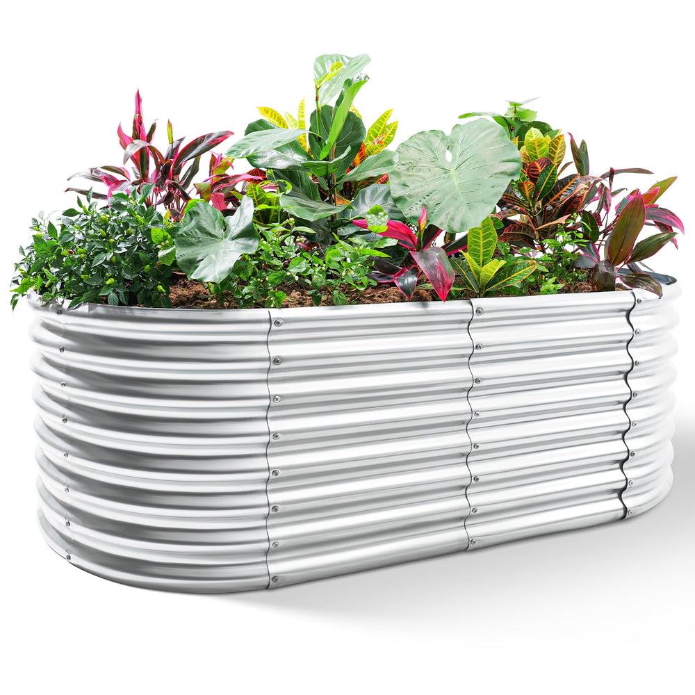 Land Guard front view of oval galvanized raised bed showing roomy planting area