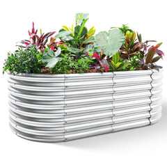 Land Guard front view of oval galvanized raised bed showing roomy planting area