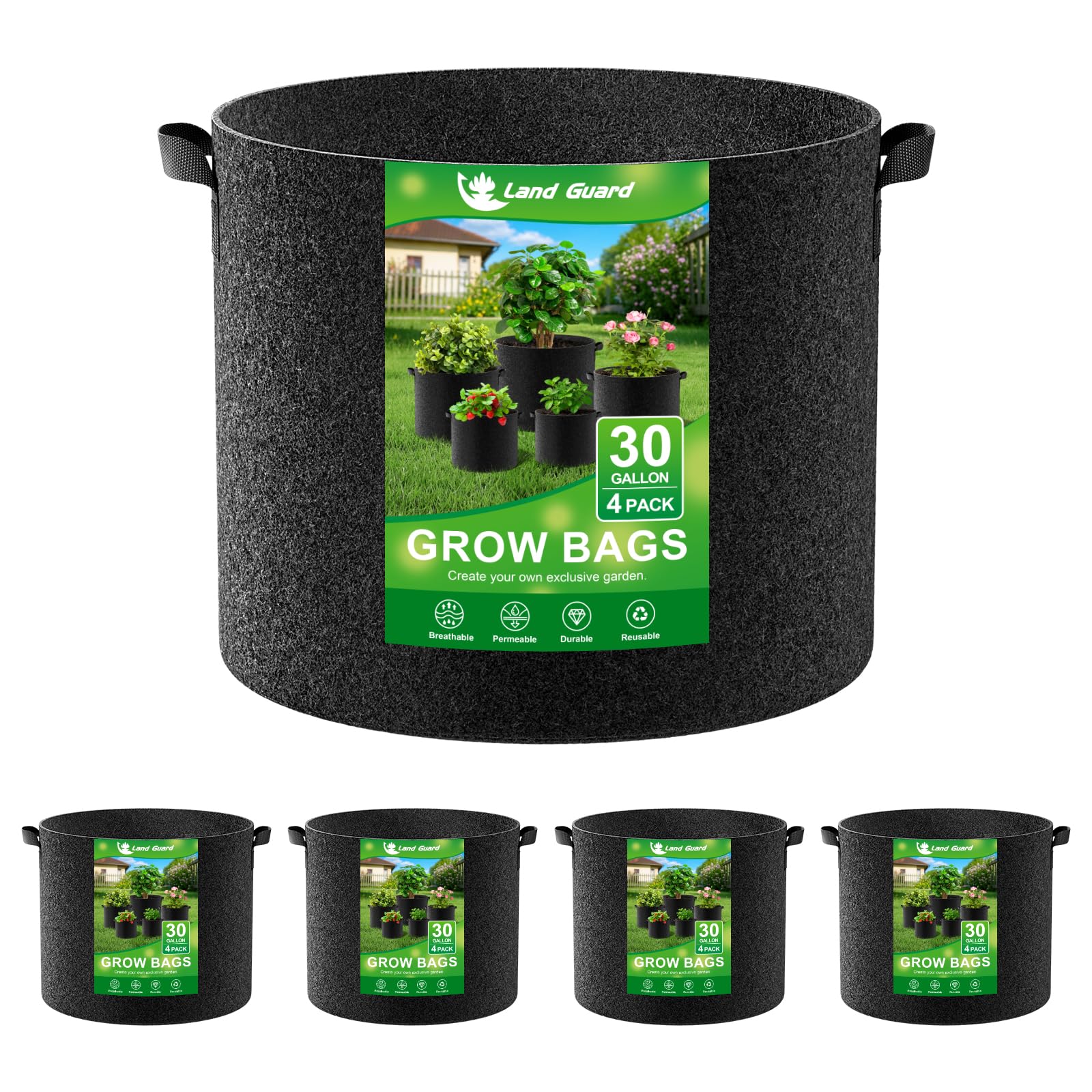 Land Guard front view of 4-pack grow bags showing product and box for quick identification