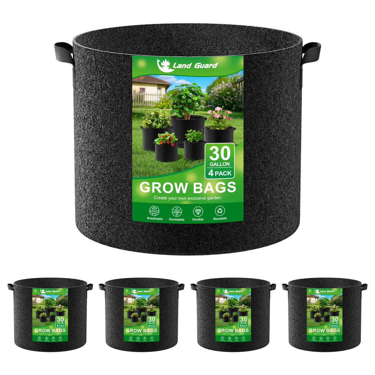 Land Guard front view of 4-pack grow bags showing product and box for quick identification