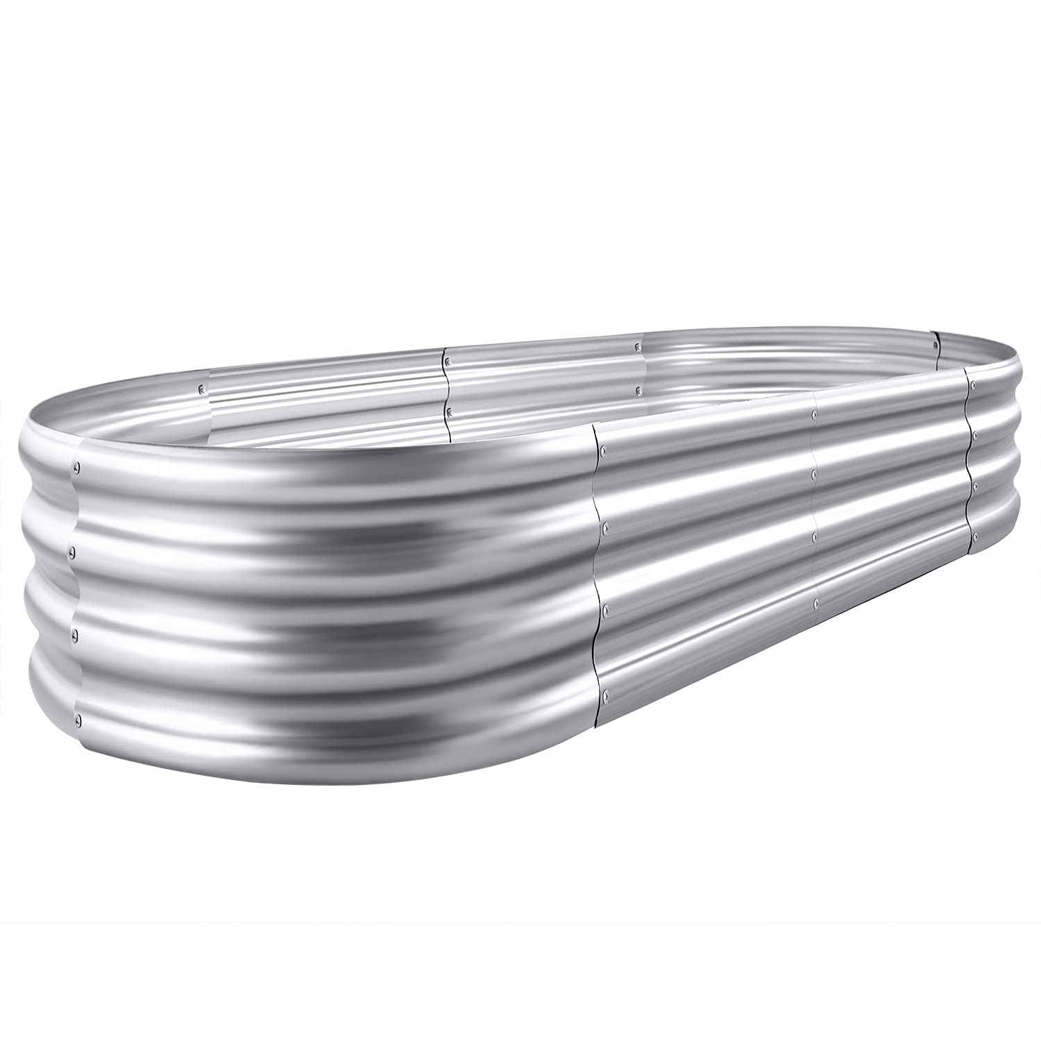 Land Guard front view of galvanized raised bed showing sturdy oval shape and curb appeal