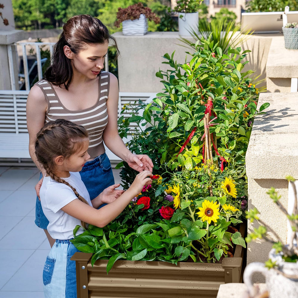 Land Guard raised bed on patio showing neutral beige color blending with decor