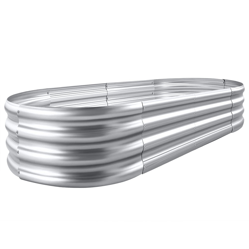 Land Guard front view of oval galvanized raised garden bed showing durable finish and shape