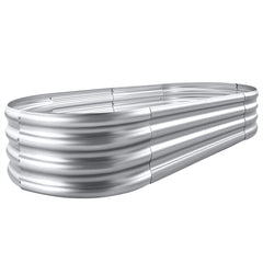 Land Guard front view of oval galvanized raised garden bed showing durable finish and shape