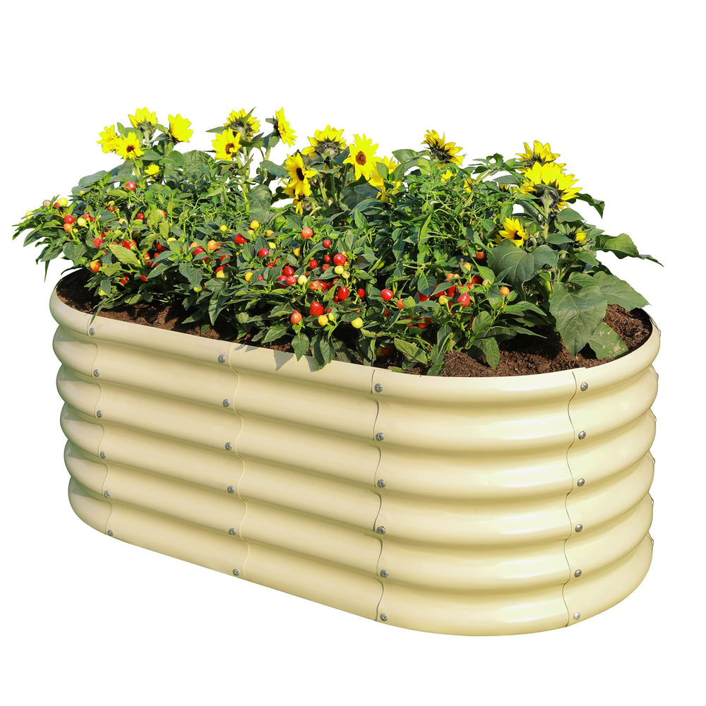 Land Guard front view of cream yellow oval raised garden bed showing shape and capacity