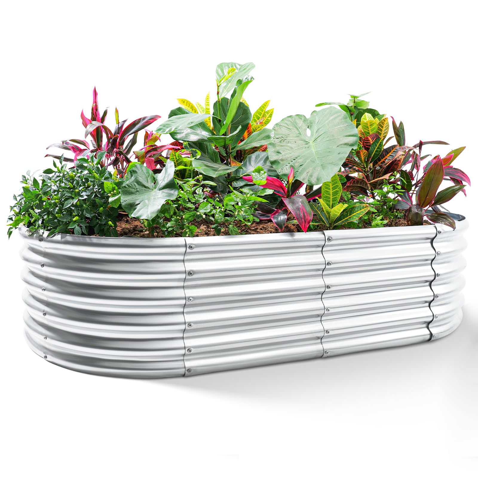 Land Guard front view of oval galvanized planter showing large planting area benefit