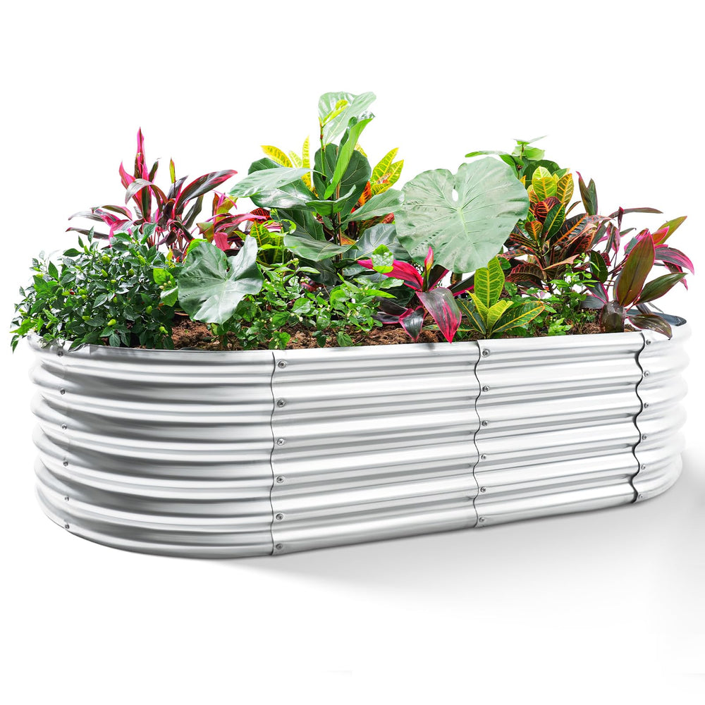 Land Guard front view of oval galvanized planter showing large planting area benefit