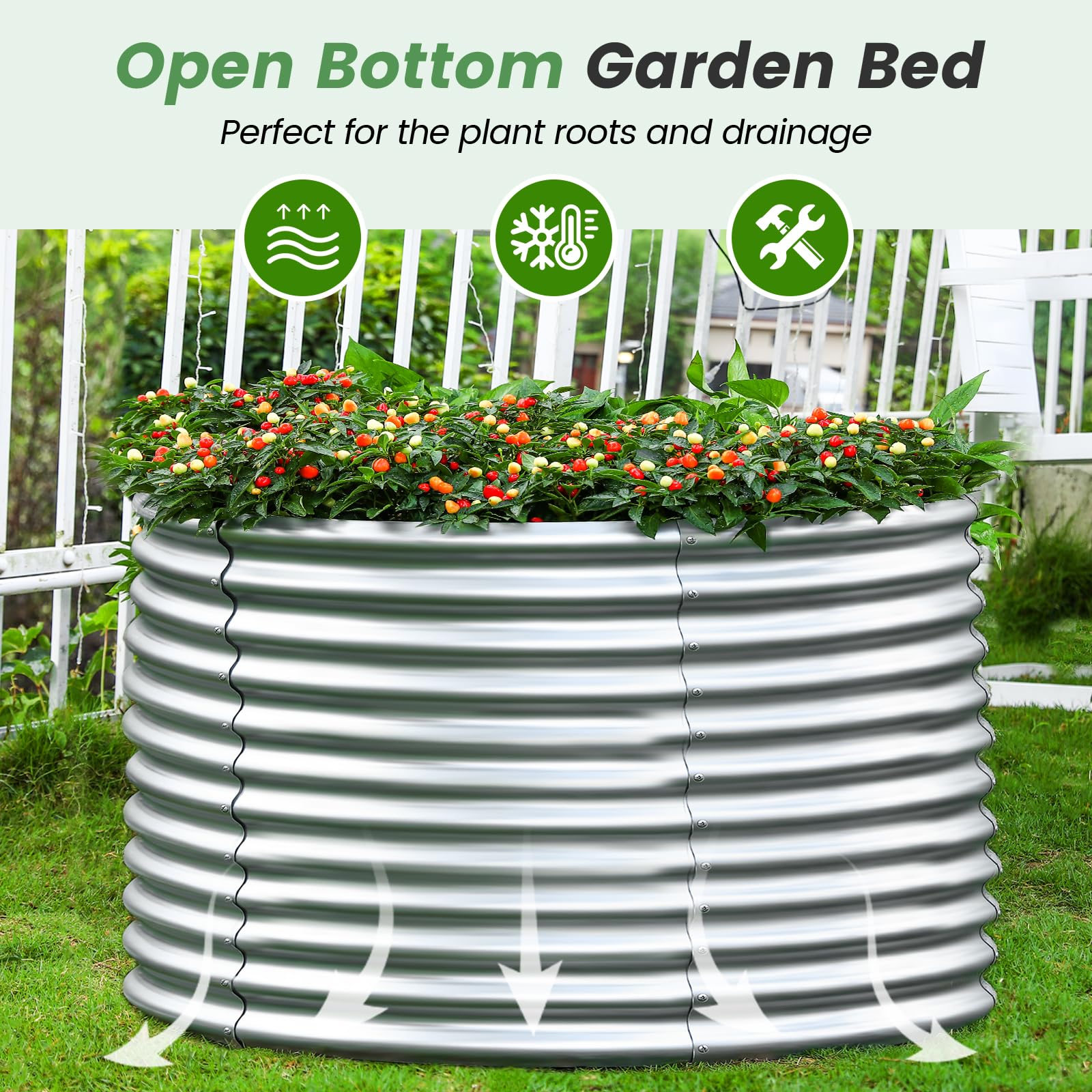 Land Guard raised bed next to tools and plants demonstrating scale and easy placement benefit