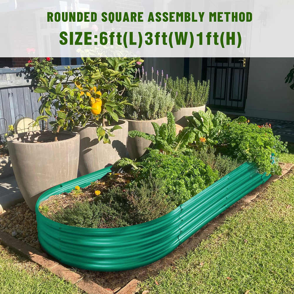 Land Guard raised bed beside gardening tools showing size and planting capacity