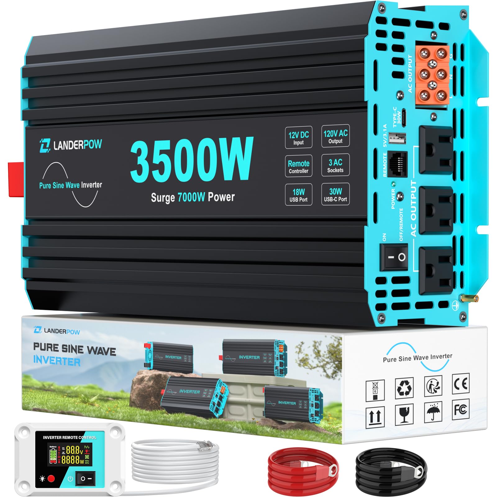 LANDERPOW front panel view showing outlets and LED display for easy power control