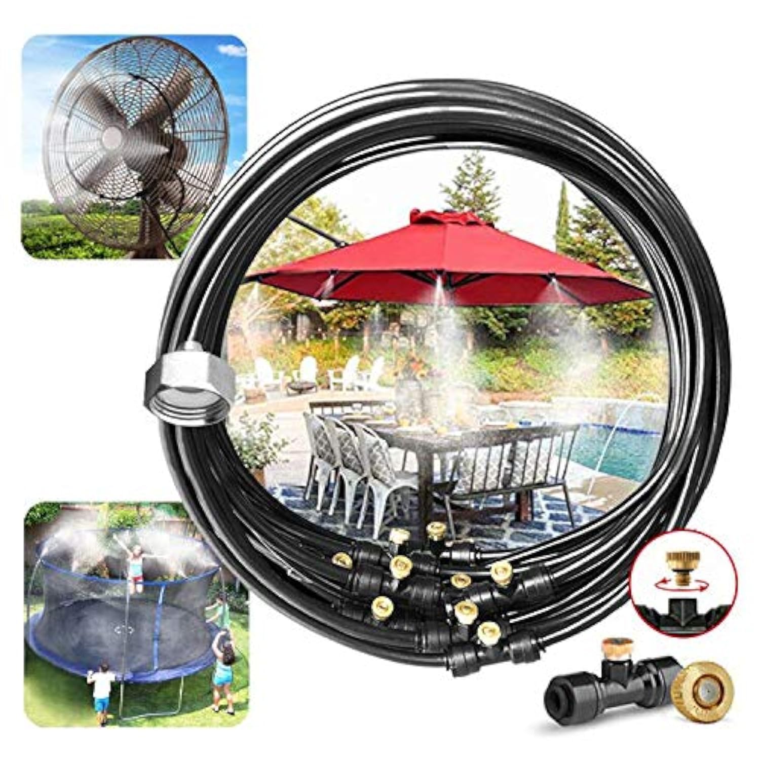 LANDGARDEN front view of pre-assembled misting kit showing components and benefits