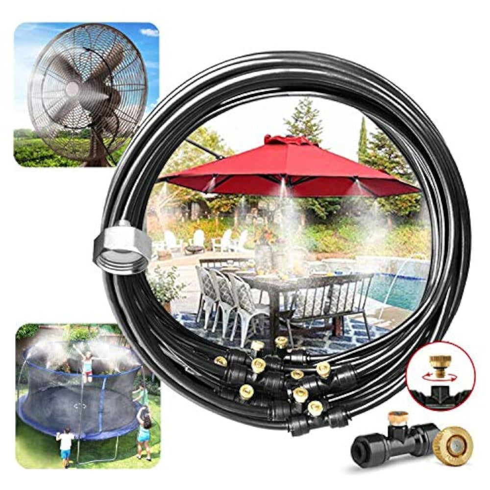 LANDGARDEN front view of pre-assembled misting kit showing components and benefits