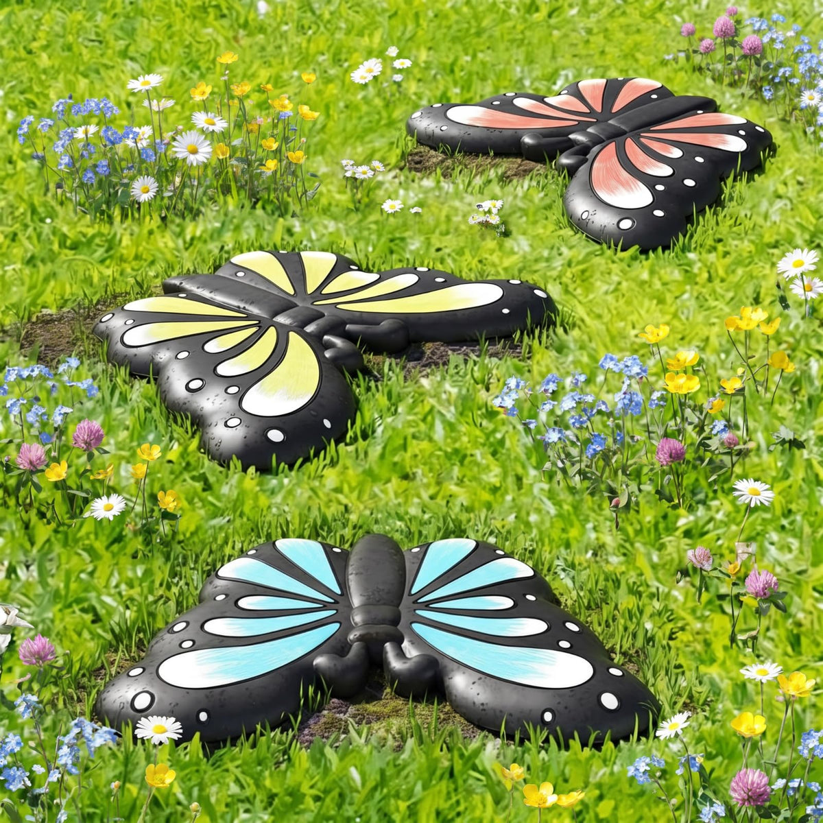 Landical front view of three butterfly stones showing colorful garden benefit