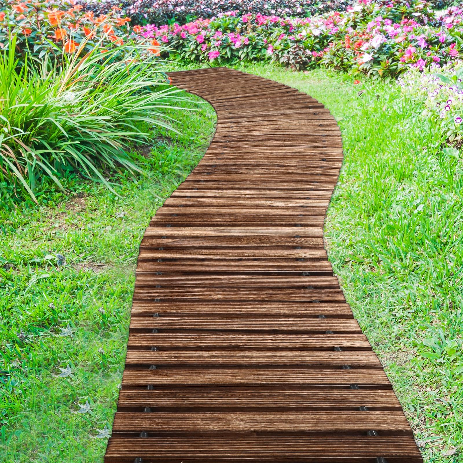 Landical pathway laid through flower beds protecting lawn and shoes
