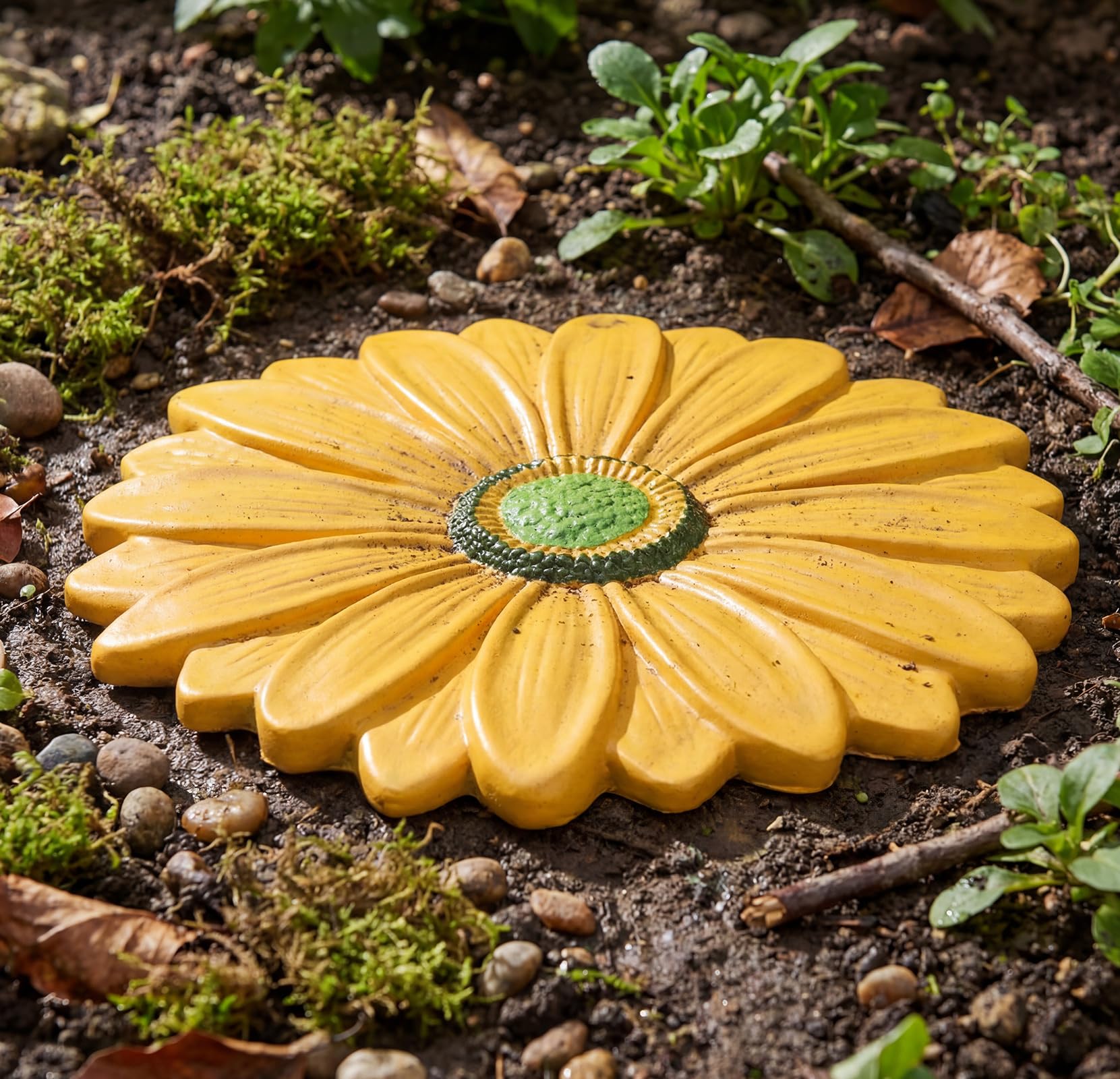 Landical stepping stone beside a shoe illustrating 9.84-inch scale for garden placement