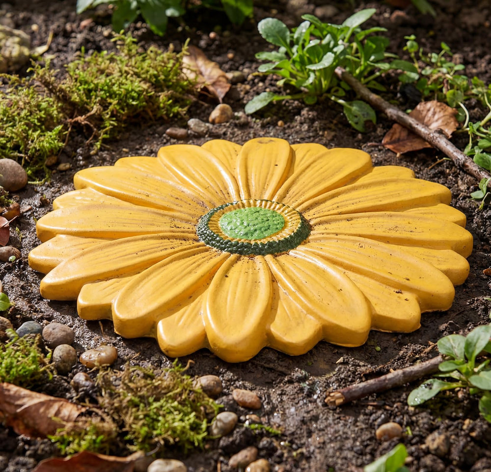 Landical stepping stone beside a shoe illustrating 9.84-inch scale for garden placement