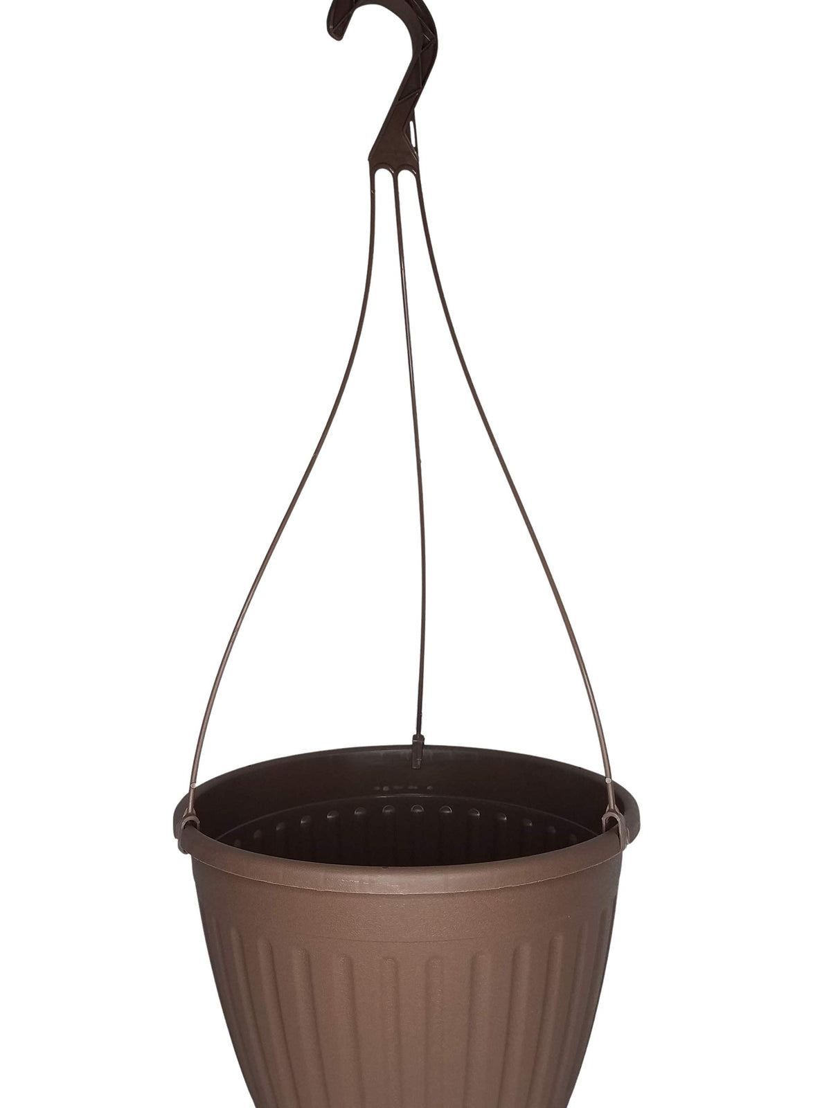 Landmark Plastics front view of brown hanging basket showing shape and rim for display