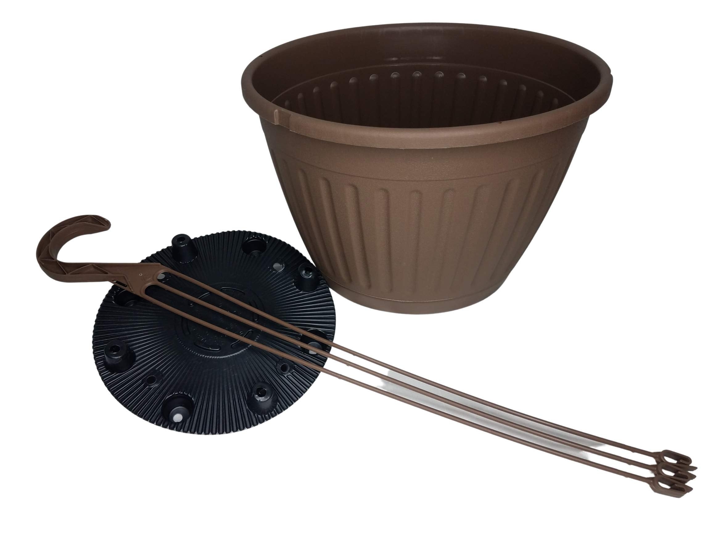 Landmark Plastics brown basket hanging on balcony with vibrant flowers enhancing porch