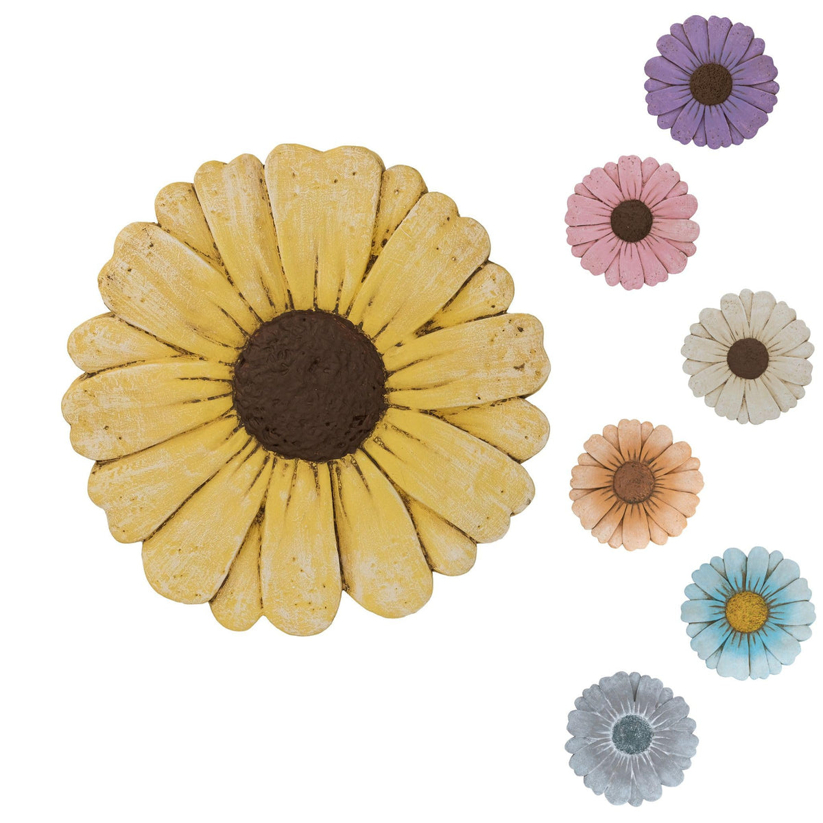 Landoraloria front view of 10-inch concrete stepping stone shows durable design and daisy art