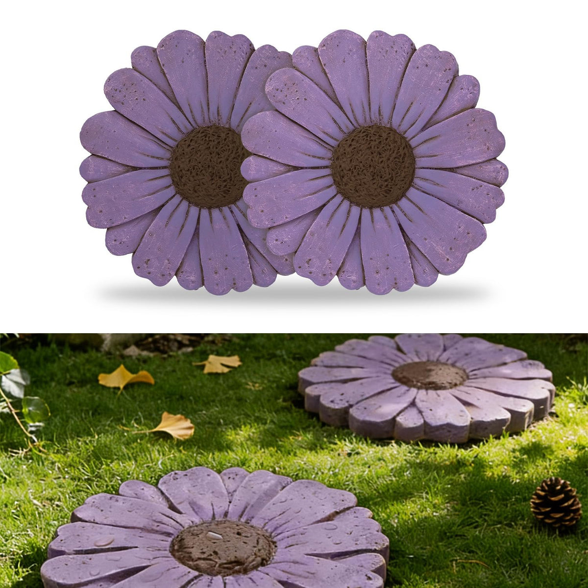 Landoraloria daisy stepping stone front view showing decorative purple daisy and stable base
