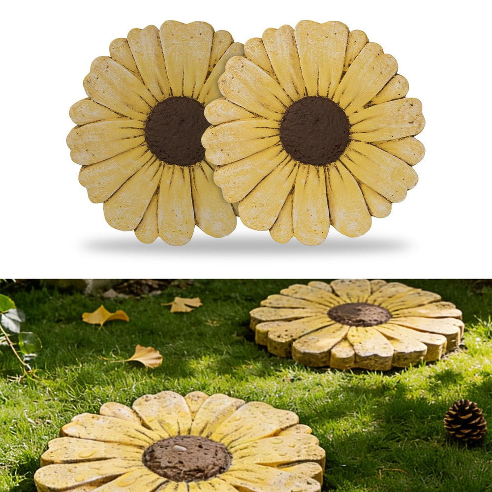 Landoraloria front view of two daisy cement stepping stones showing durable finish and design