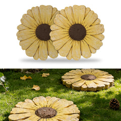 Landoraloria front view of two daisy cement stepping stones showing durable finish and design