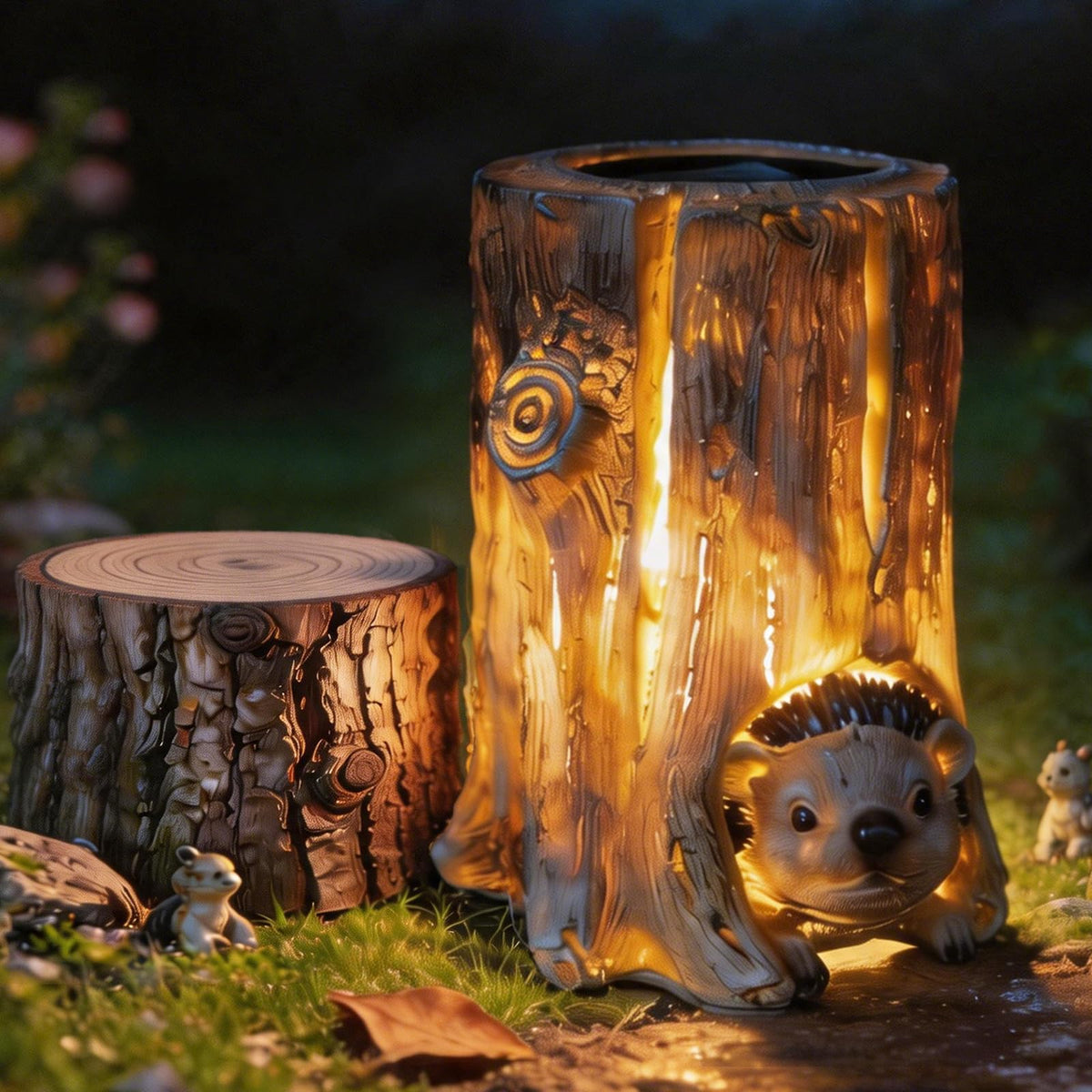 Landoraloria front view showing stump and hedgehog with charming garden light benefit
