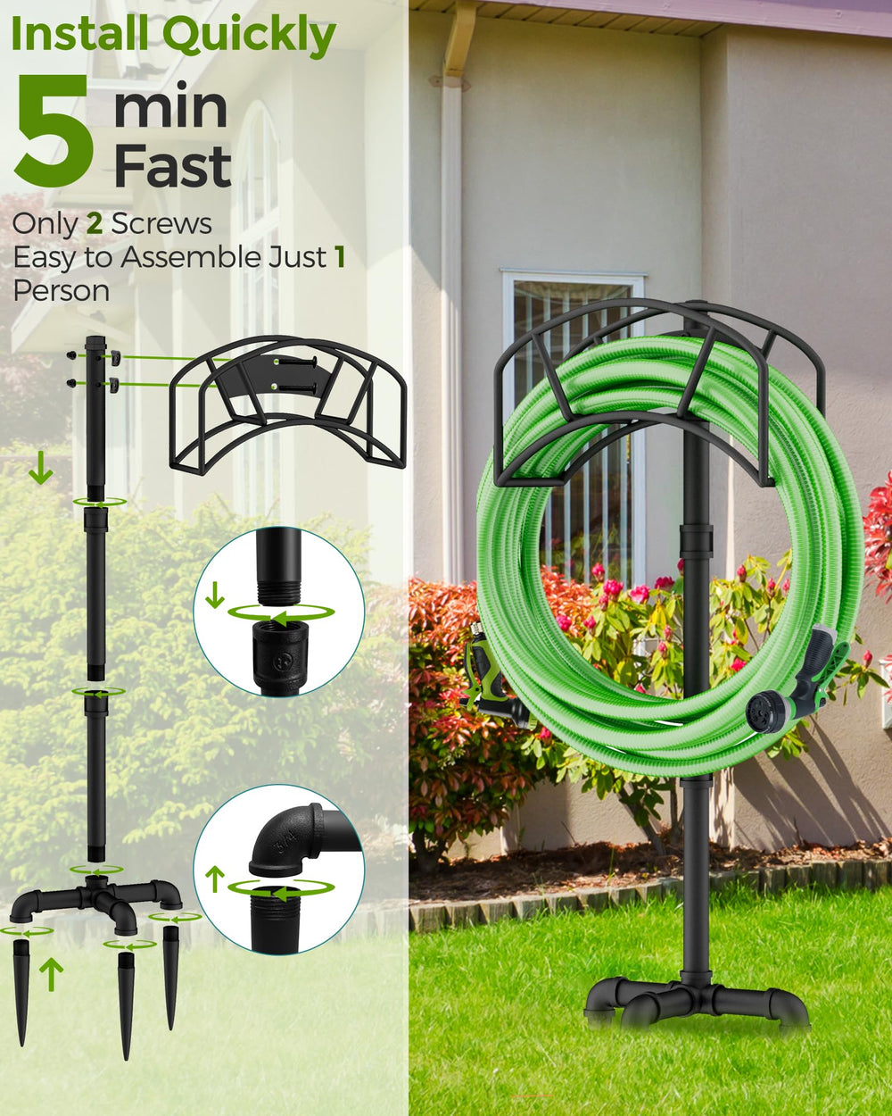 LAND·VOI hose stand in garden setting illustrating tidy, accessible watering station