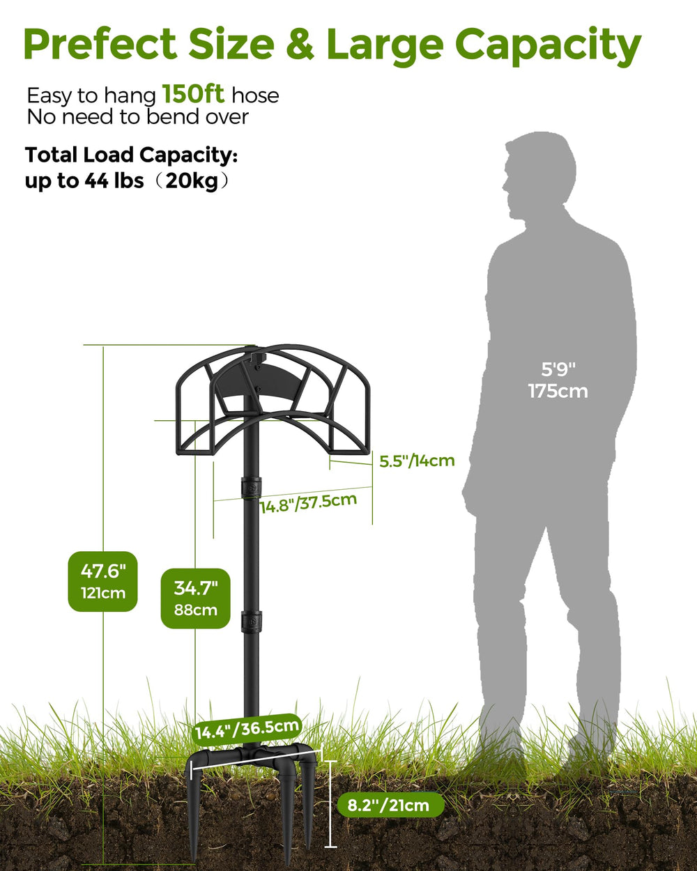 LAND·VOI next to common garden tools to show scale and compact footprint