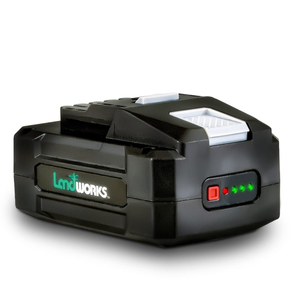 Landworks 48V 2Ah battery front view showing durable case and compact size
