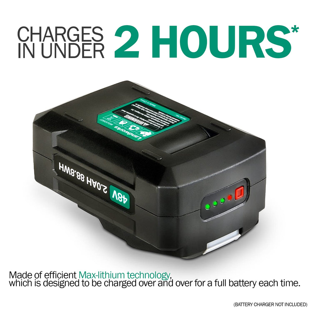 Landworks battery charge indicator button visible for quick status checks