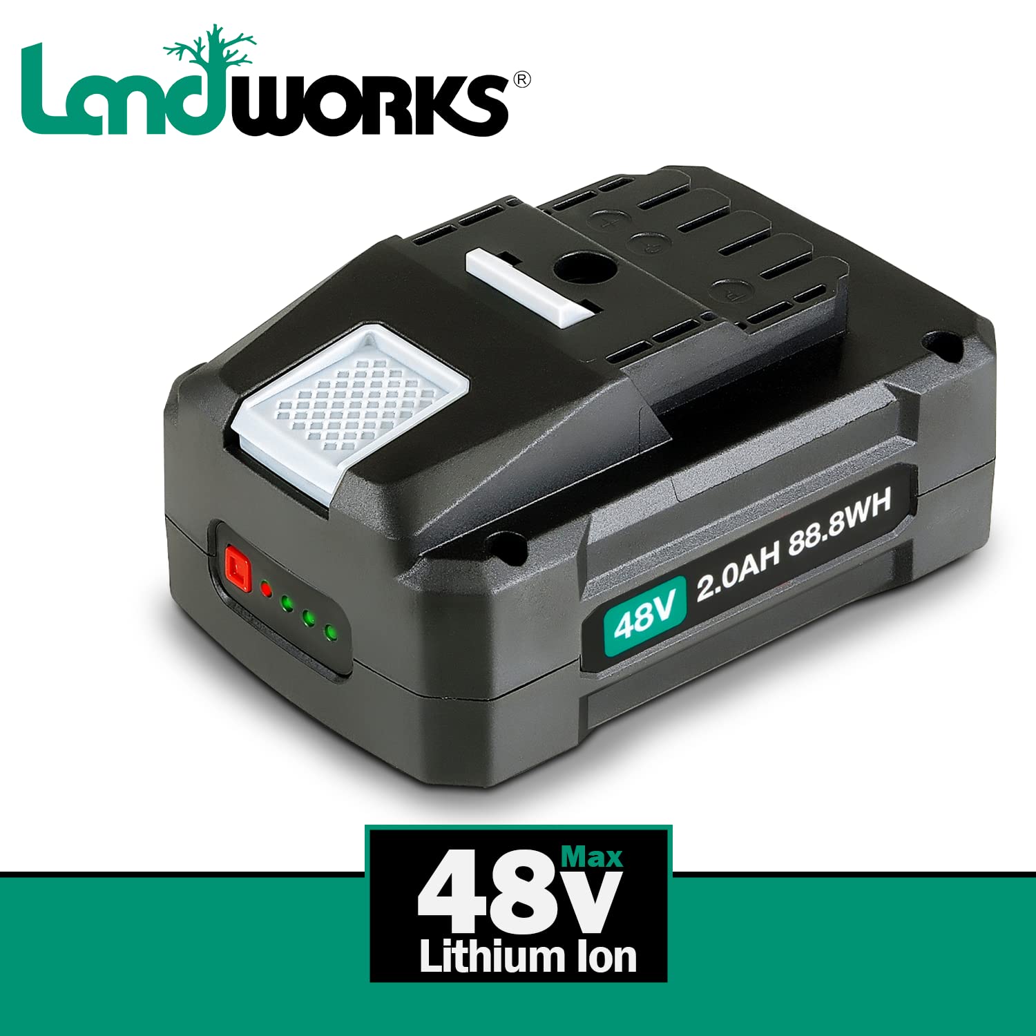 Landworks battery side label close-up highlighting voltage and capacity for safety