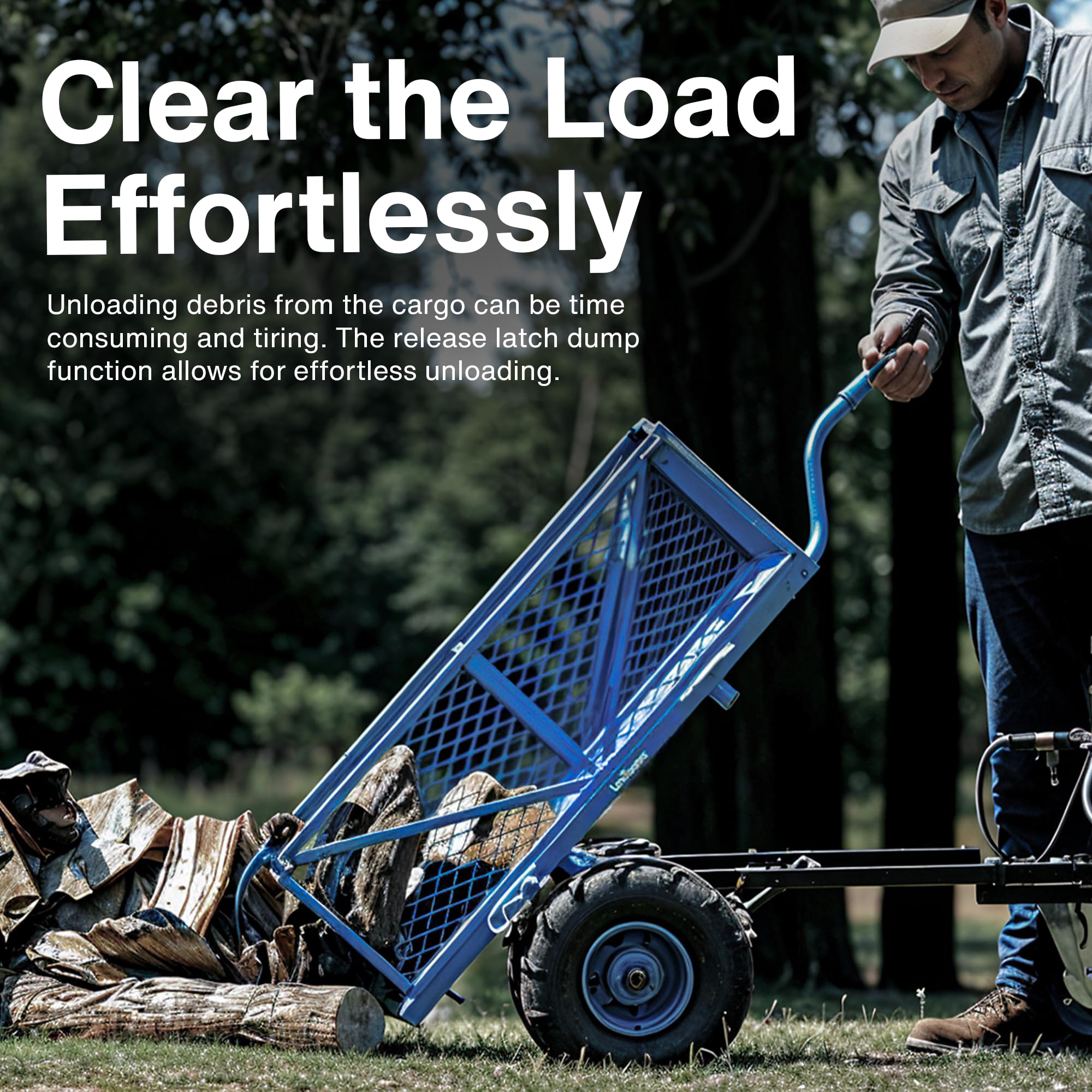 Landworks scale comparison with person beside cart, conveys size and load capacity