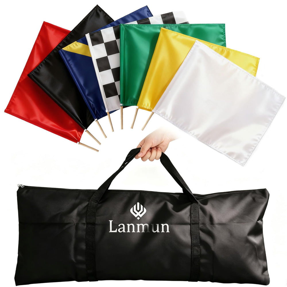 Lanmun front view of seven-flag set showing complete kit and carry bag benefits visibility