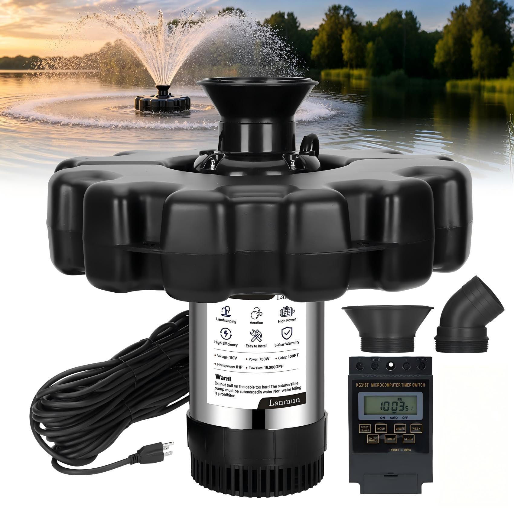 Lanmun front view floating fountain showing stable placement and easy setup